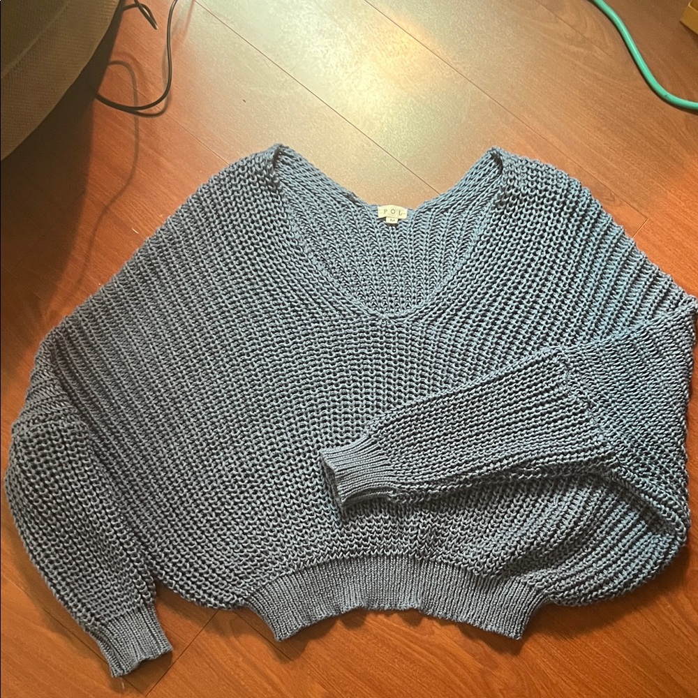 POL Chunky Knit V-Neck Sweater in Dusty Blue